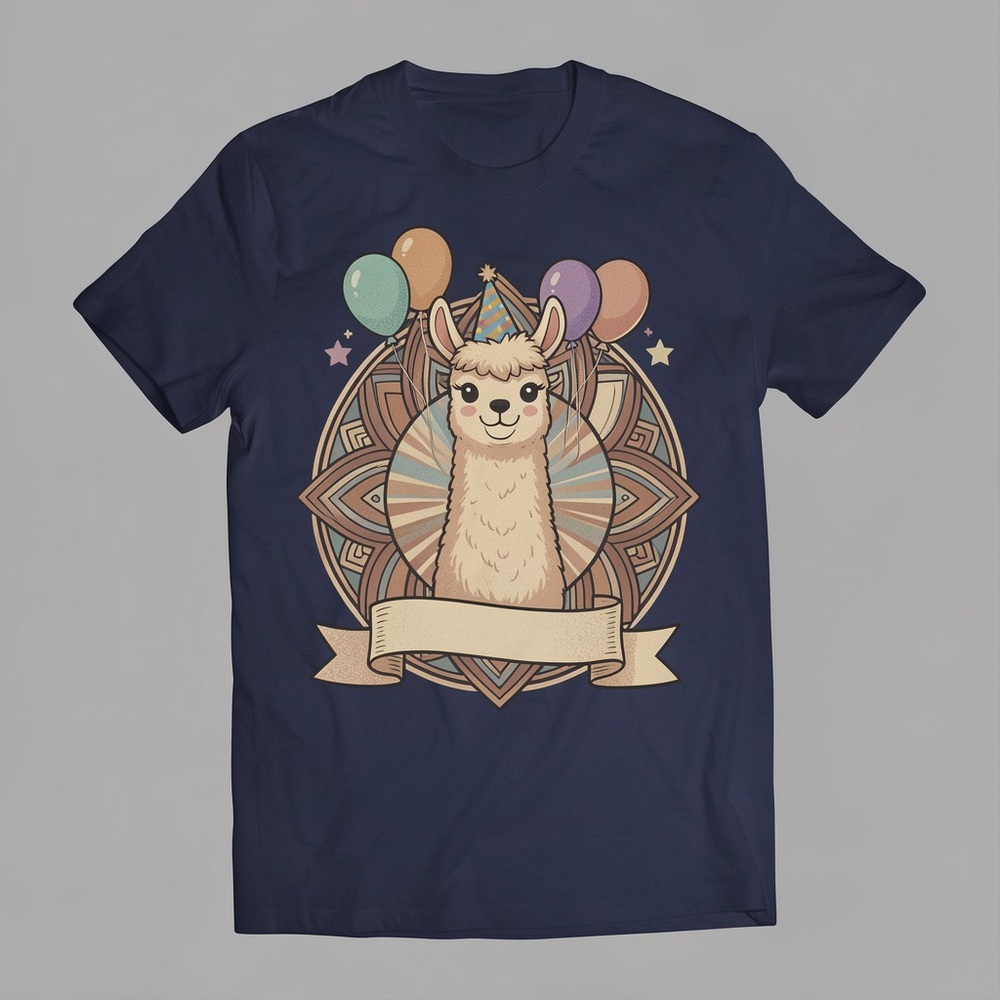 Gildan Navy Tee with Cream Llama and Pastel Balloons